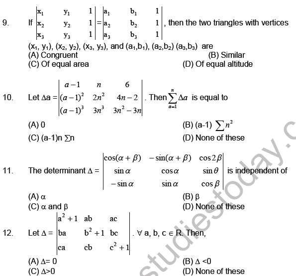 JEE Mathematics Matrices and Determinants MCQs Set A, Multiple Choice